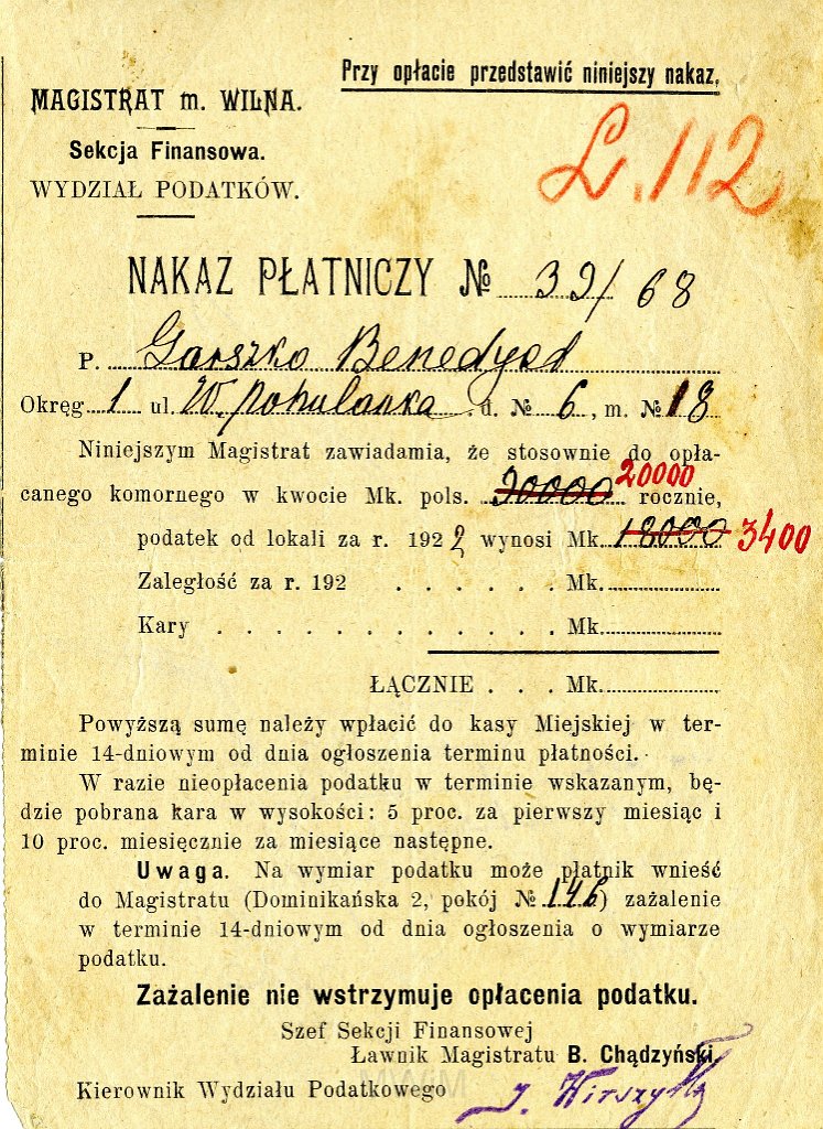 KKE 5741-2.jpg - Dok. Zaświadczenia wpłaty komornego dla Benedykta Graszko właściciela zakładu fryzjerskiego, Wilno, 2 X/XI 1922 r.